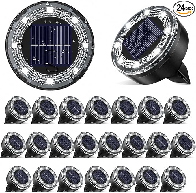 Mini Solar Ground Lights, 24 Pack 2.2 Inch Flat Solar Lights Outdoor Waterproof, Mow‑Over Safe, Upgraded LED Landscape Lighting for Outside Garden Lawn Pathway Patio Yard Driveway,Cold White