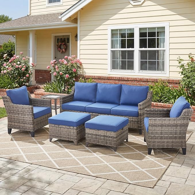 Belord Patio Chairs Set of 2 with 3-Seater Sofa, Outdoor Rattan Chairs for Deck Porch Garden, 6 Piece Luxury Patio Furniture Set, Blue