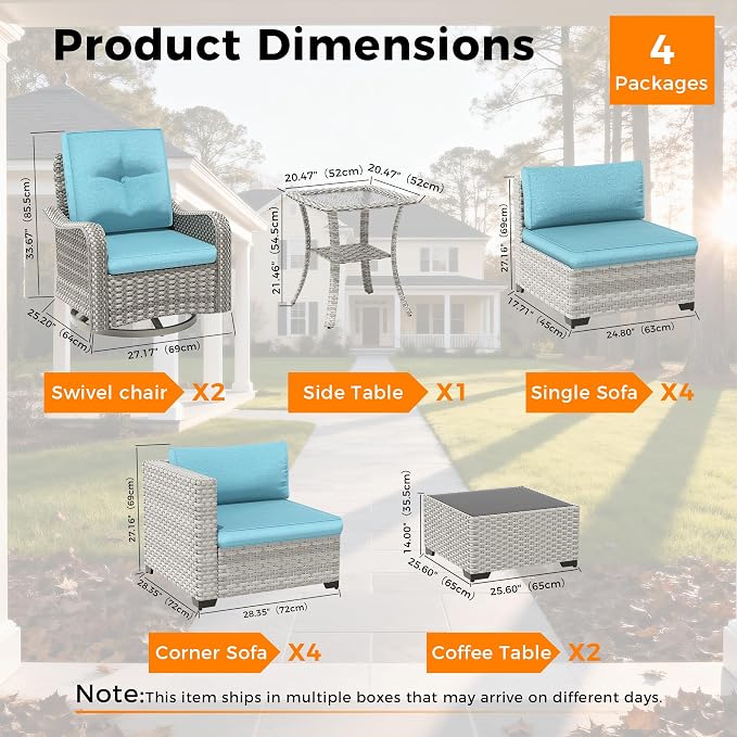 10-Seat Modern Patio Furniture Set with Swivel Rocking Chairs, Thick 4″ Cushions, Dual-Strand Wicker Rattan, Rust-Resistant Steel Frame – Outdoor Conversation & Modular Sectional,Blue