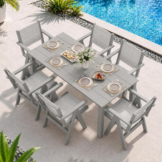 7-Piece Patio Dining Table Set, 69" Rectangle HDPE Outdoor Table & 6 Textilene Chairs Set with 2" Umbrella Hole, Wood-Look Finish, All-Weather Dining Set for Backyard, Poolside, Light Gray