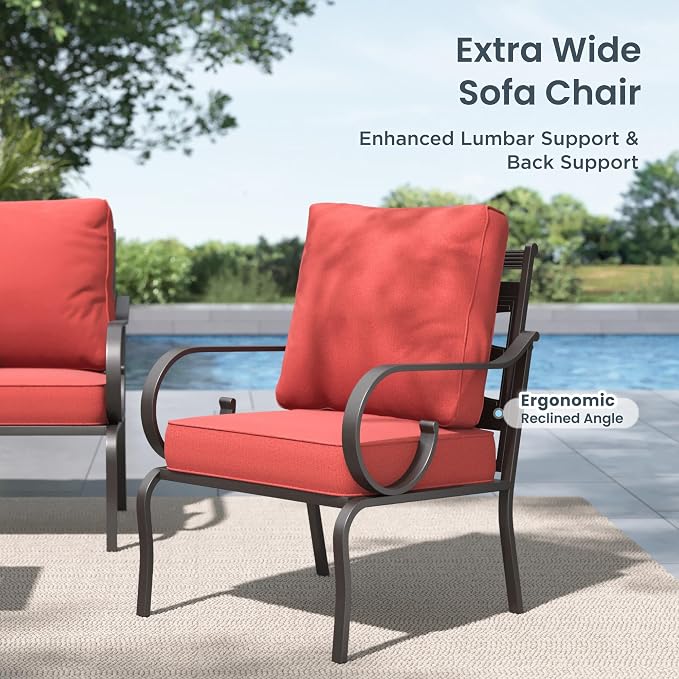 PHI VILLA Patio Furniture Set, 3-Seater Sofa, 2 Fixed Chairs and a 45" Fire Pit Table, Outdoor Metal Conversation Set with 5.75" Extra Thick Cushion for Garden Backyard Deck, Red
