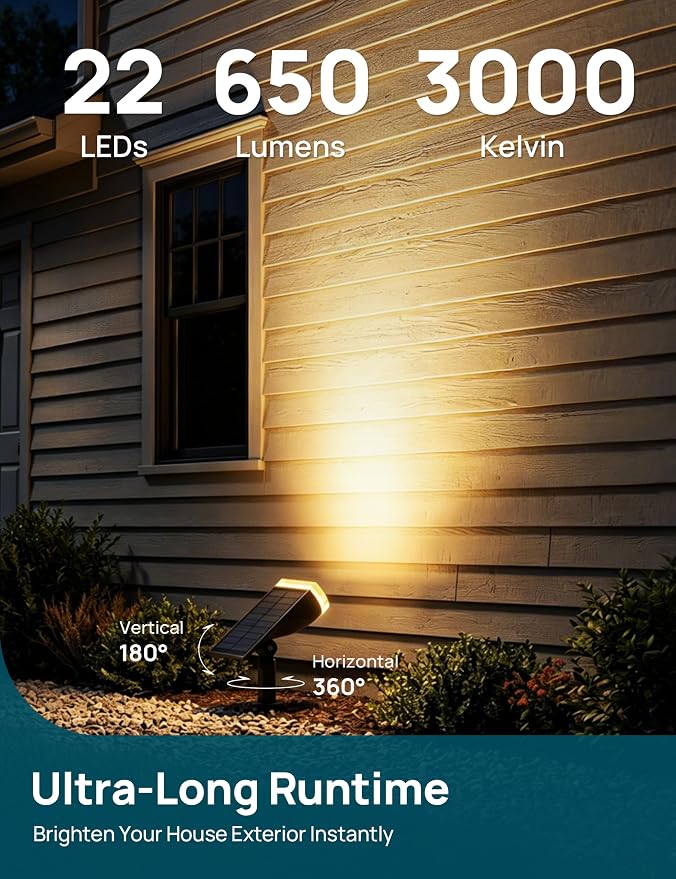 Linkind Solar Lights Outdoor Waterproof LED Spotlights Warm White 6 Pack | Starray, 3 Lighting Modes, 650LM, 3000K, Dusk to Dawn, In-Ground Wall-Mounted for Landscape Yard Garden Tree Flag Pathway