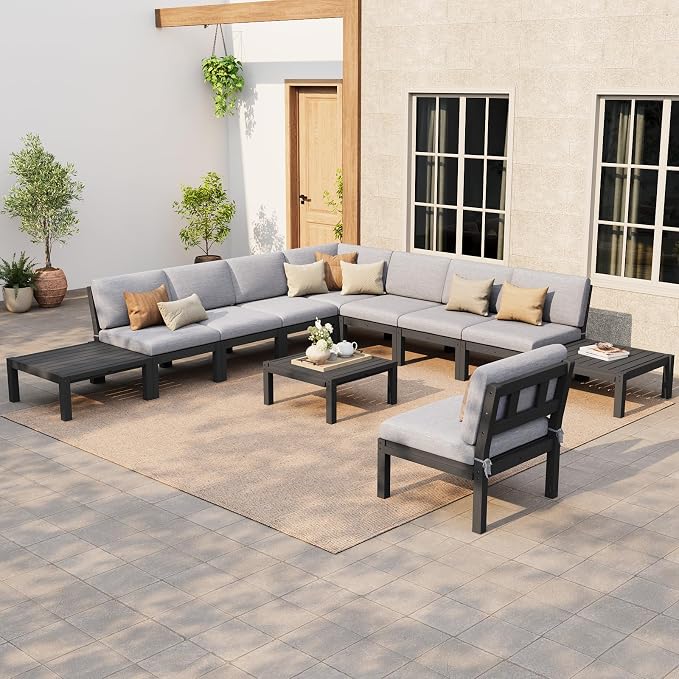 Stoog Modular Patio Sofa Set, 11-Piece Outdoor Sectional Sofa Set - Gap-Free & No Shifting Design, Waterproof HIPS Frame & Olefin Cushions, for Poolside Backyard, Black