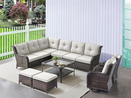HUMMUH 9 Piece Patio Furniture PE Wikcer Outdoor Furniture Set with Sectional Sofa Swivel Patio Chairs Ottomans and Glass Coffee Table for Yard,Garden,Lawn