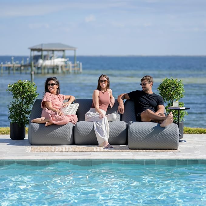 Big Joe Solvana Outdoor Sectional, 4 Piece Patio Furniture Set, Weather-Resistant Cool Touch Silicone Stitched Leather Sofa, Moonlit Gray