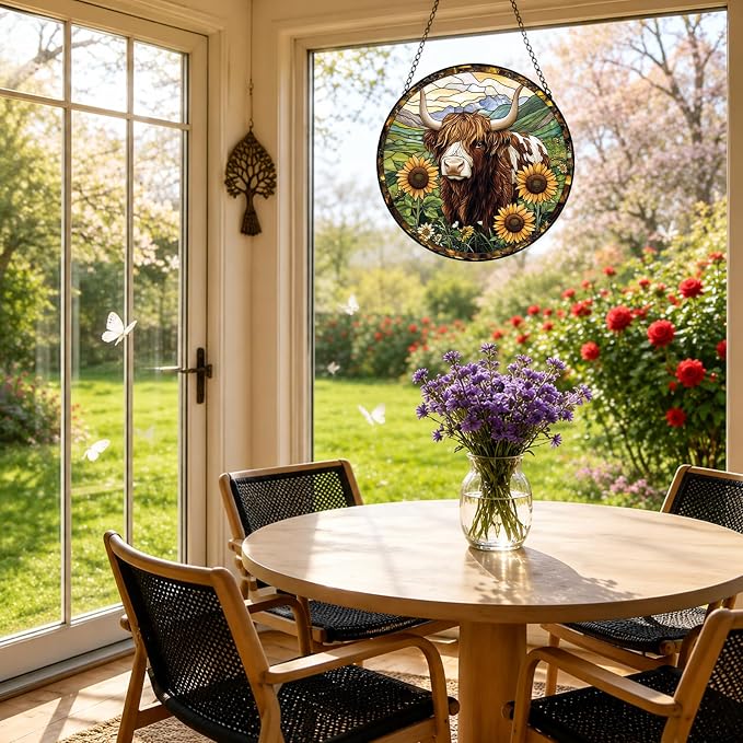 Highland Cow Stained Glass Suncatcher Window Hanging Gifts for Women Men | 7.8in Garden Sun Catcher, Cow Sunflowers Ornament for Windows Door Home, Mother's Day Birthday Gifts for Animal Lovers