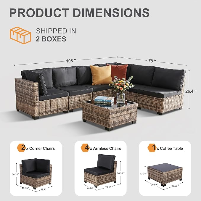 7-Piece Modular Outdoor Sectional Wicker Patio Furniture Set | All-Weather Conversation Set w/ Glass Coffee Table for Backyard, Garden, Poolside (Natural PE Rattan + Black Cushions)