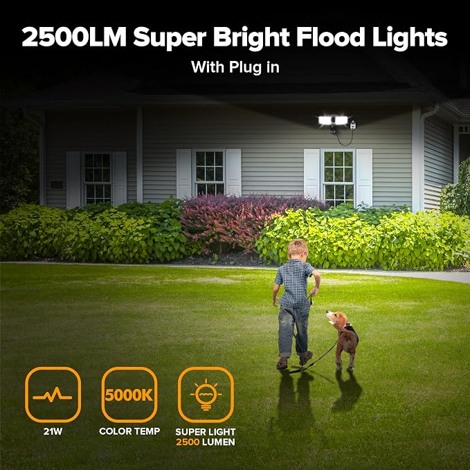 LUTEC 21W Plug in Motion Sensor Light Outdoor, Flood Lights Outdoor Motion Sensor,2500LM, 5000K Daylight,IP65 Waterproof,Adjustable 2 Heads Wall Light for Garage, Porch, Yard - Black