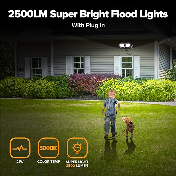 LUTEC 2 Pack 21W Plug in Motion Sensor Light Outdoor, Flood Lights Outdoor Motion Sensor,2500LM, 5000K Daylight,IP65 Waterproof,Adjustable 2 Heads Wall Light for Garage, Porch, Yard - Black