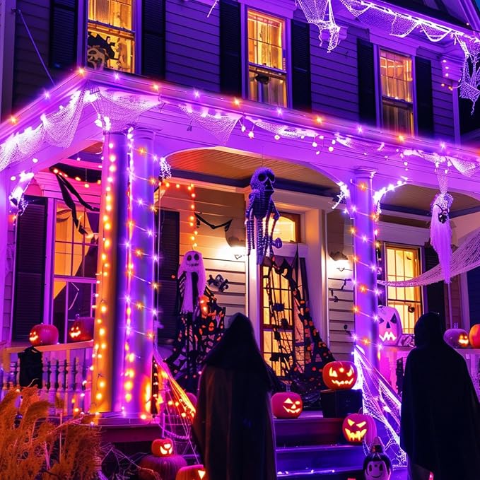 Brightown Solar Halloween Lights Outdoor, 39FT 100 LED, Orange & Purple | IP65 Solar Fairy Lights with 8 Lighting Modes, Halloween Decoration Outdoor for Party Garden Yard Holiday Tree Decoration