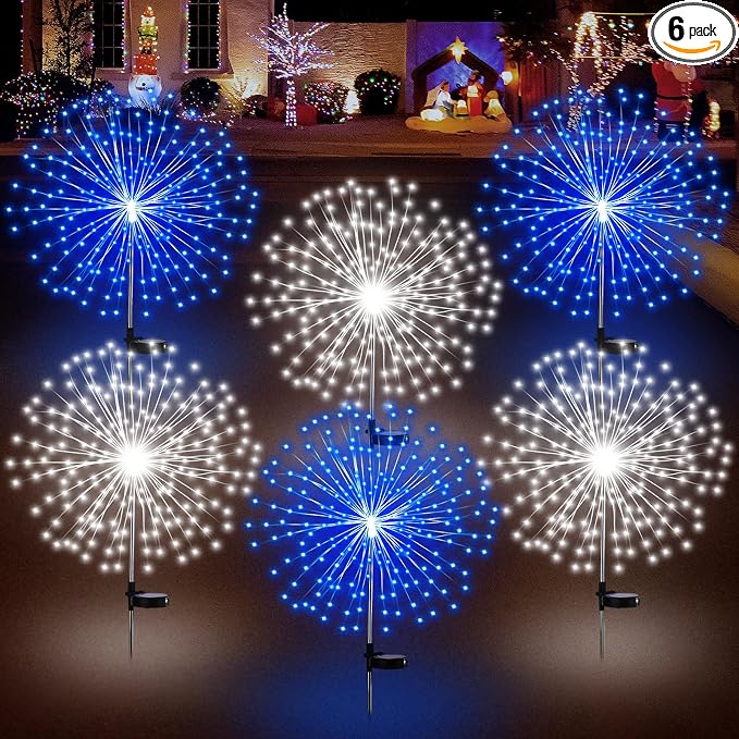 Tujoe 6 Pcs Christmas Solar Firework Stake Lights 180 LED 8 Modes Solar Waterproof LED Sparkler Lights Outdoor Decoration for Garden Patio Yard Pathway Walkway Lawn Xmas Winter Decor (Blue, White)