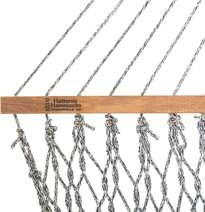 Hatteras Hammocks Small Navy Oatmeal Heirloom Tweed DuraCord Rope Hammock – 11 ft. x 45 in., 450 lb Capacity, Cumaru Spreader Bar, Zinc-Plated Hardware, Handcrafted in The USA