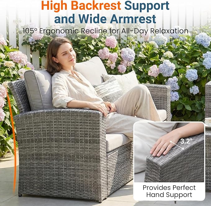 Wisteria Lane Patio Furniture Set, Wicker Outside Outdoor Furniture for All Weather, Patio Sofa with High Backrest Support and Wide Armrest for Backyard, Balcony, Deck, Porch, Ash Gray