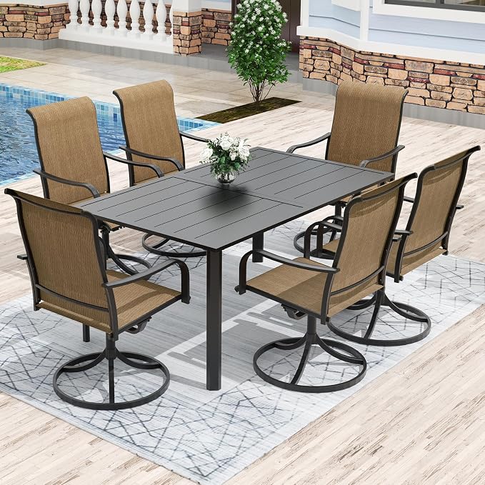 Anmutig 7-Piece Outdoor Patio Dining Set with 6 Swivel Chairs, Outdoor Furniture Steel Frame Slat Rectangular Table with 1.57" Umbrella Hole for Backyard, Brown