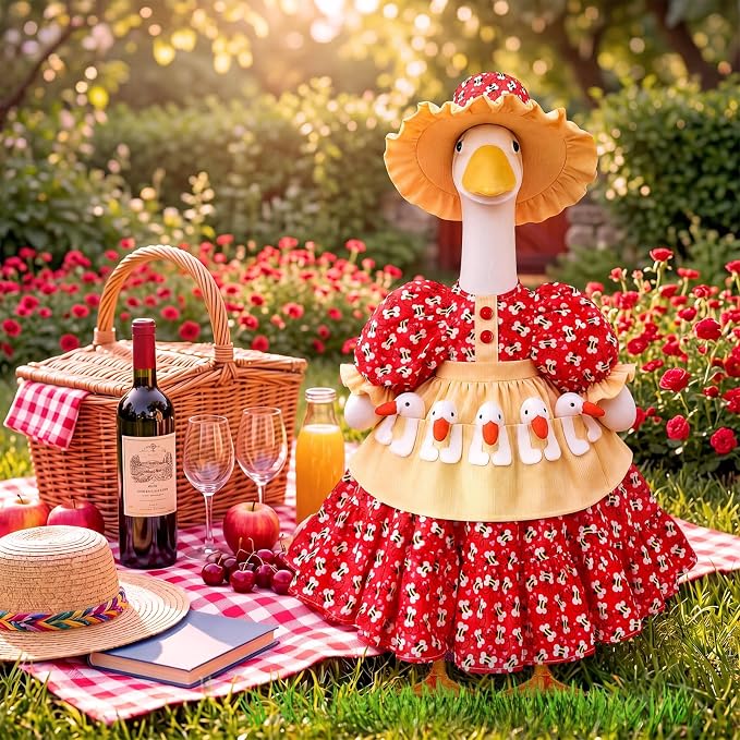 Porch Goose Outfit Set for 23 Inch Goose Statue, Spring Flower Lolita Dress with Hat and 3D Baby Apron, Rustic Farmhouse Easter Summer Patio Yard Lawn Decor