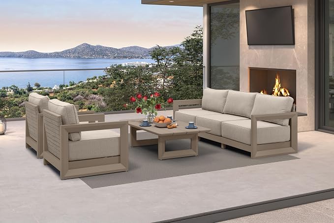 PURPLE LEAF Patio Furniture Set Open-End Outdoor Couch with 9.6" Thick Cushion and Soft Pillows 6 Piece Outdoor Sectional Sofas with Table Modern Outdoor Conversation Sets for Yard Porch Deck, Khaki