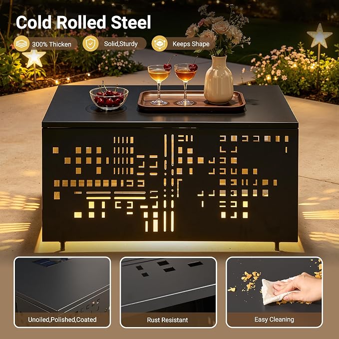 HOOOWOOO Outdoor Patio Solar Table with Umbrella Hole,Metal Coffee Side End Table,Umbrella Table with 2" Hole for Yard,Deck,Porch,Garden(Square Black)