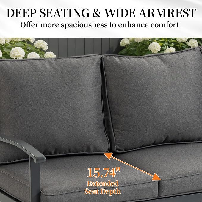 Outdoor Patio Furniture Set, 1 PCS 3-Seat, All-Weather Metal Modern Outside Sofa with Washable Thick Cushion for Garden/Backyard/Porch, Grey