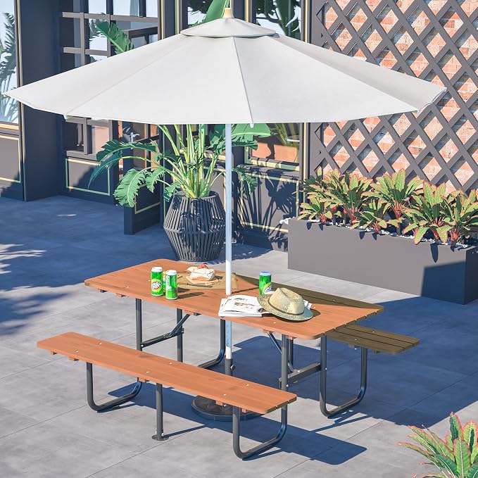 72" 6-Person Wooden Picnic Table, Outdoor Dining Table with Built-in Benches, Metal Leg, Weatherproof Wood Desktop, Heavy Duty with Umbrella Hole for Backyard (Brown+black, 72" Rectangle（6-Person）)