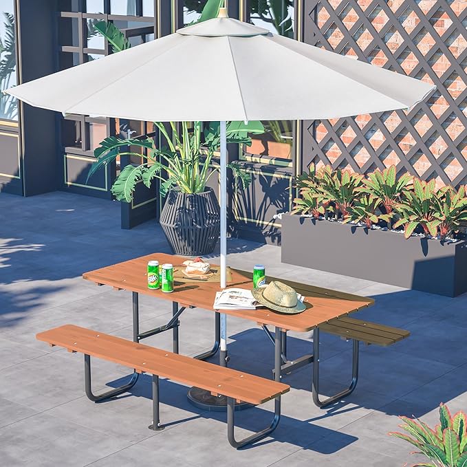 72'' Rectangular Outdoor Dining Table Wooden Patio Dining Table & 2 Built-in Bench for 8, 2" Umbrella Hole & Metal Base, Suitable for Picnic Backyard Garden Porch, Brown