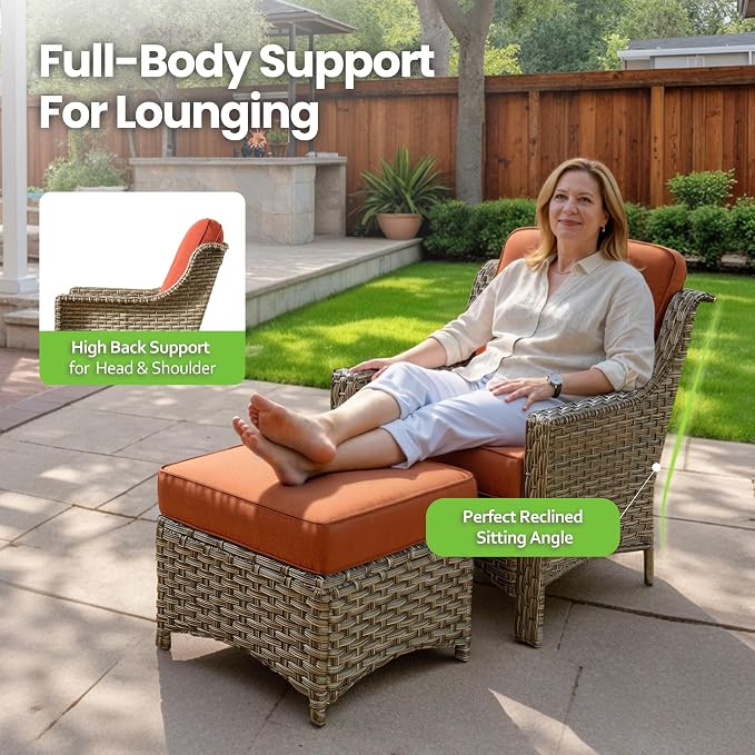 8 Piece Patio Furniture Set with Fire Pit Table, All Weather Wicker High Back Sofa Chairs Ottoman with Thick Cushion, Outdoor Conversation Sets for Large Backyard Deck Garden, Bold Orange