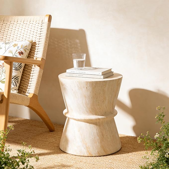 Merax Hourglass Shape Outdoor Side Table, Concrete Contemporary Lightweight Accent Table with Simulated Stone Texture, Outdoor Accent End Table for Livingroom, Garden, Beige+Yellow