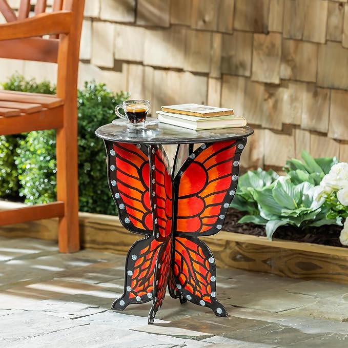 Evergreen Garden Beautiful Indoor Outdoor Metal Side Tables for Your Patio, Lawn, Garden or Home Décor (Butterfly)