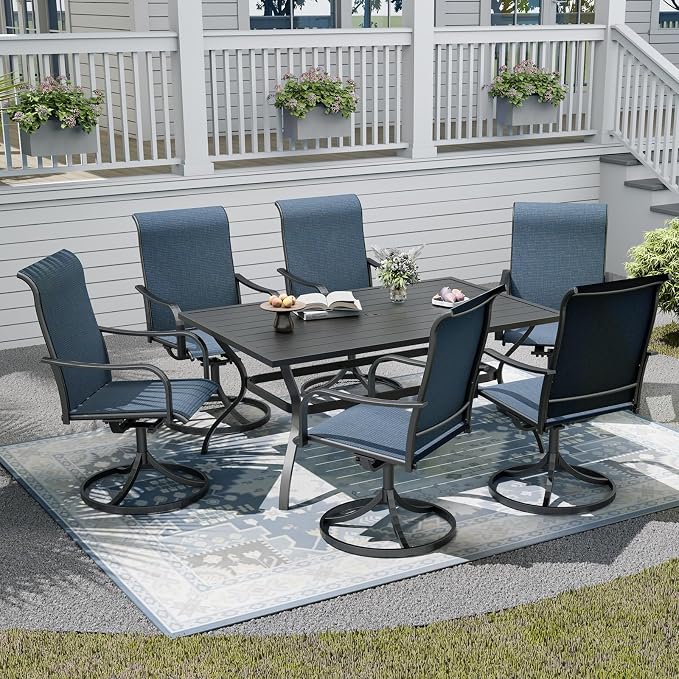 Patio Dining Set,Including 60"x 38" Steel Slat Dining Table and 6 Swivel Patio Chairs,Outdoor Furniture Set with 1.6" Umbrella Hole for All Weather