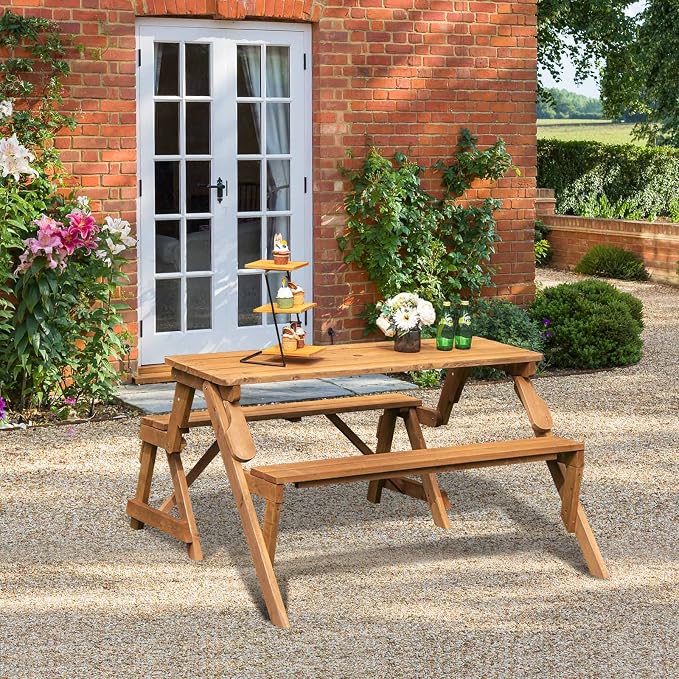 Giantex Wooden Picnic Table Set, 2 in-1 Folding Picnic Bench Set Transforming Interchangeable, Outdoor Patio Dining Table with Built-in Umbrella Hole, Convertible Picnic Table and Garden Bench
