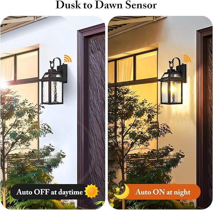 Dusk to Dawn Outdoor Wall Lights, Exterior Lighting Fixtures Wall Mount, Porch Lights Outdoor Wall Sconces with Water Ripple Glass, Outside Lights for House Front Door Garage, 2-Pack | Auto ON/OFF, Waterproof, Rust-Resistant, Durable Metal & Sturdy Gla...