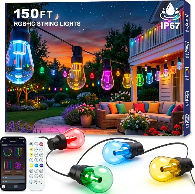Beizelte Outdoor String Lights, 150FT RGB+IC Outside Light Dimmable Shatterproof LED Bulbs, IP67 Waterproof Chasing Effect Lighting DreamColor Patio Strip Lights for Backyard, Balcony, Outdoor Living