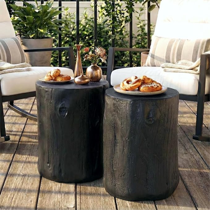 SUNBURY Outdoor Stump Side Table, Faux Wooden Concrete End Table, Black Round Patio Accent Table,Decorative Planter Stand Ottoman for Garden Household Living Room