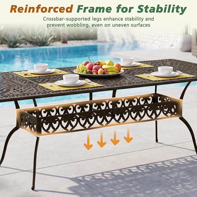 Patio Dining Table, Outdoor Patio Table with Umbrella Hole Bronze Square Cast Alluminum Patio Metal Dining Table, Outdoor Furniture for Backyard Lawn Balcony Deck (87" Rectangular)