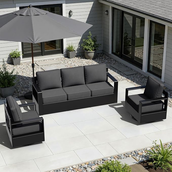 Outdoor Aluminum Furniture Set, 3-Piece Patio Conversation Set, 2 Swivel Chairs and 1 Sofa, All-Weather Metal Frame, 6" Thick Removable Cushions, Deep Setting for Garden, Poolside and Porch