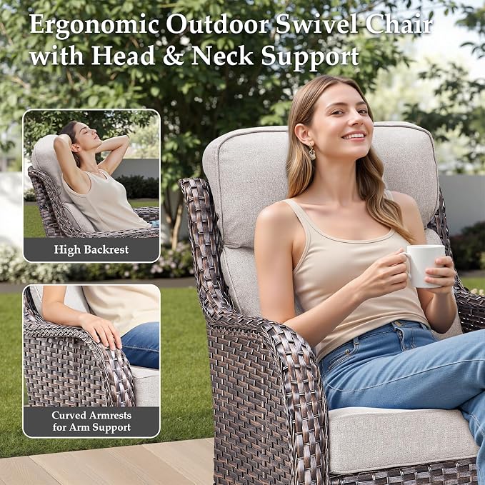 Luxury Wicker Patio Furniture Set-High Back Outdoor Swivel Chairs Set of 2 with 6" Thick Cushions Wide Armrest All Weather Patio Conversation Sets for Deck Porch Balcony(Grey/Beige)
