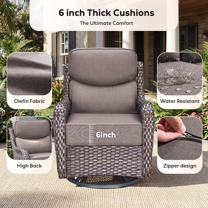 Rilyson Wicker Outdoor Patio Furniture Set - Weather Resistant Wicker,High Back,6 inch Cushions,3 Piece Patio Bistro Set with Swivel Rocker Chairs and Side Table for Deck Porch Yard,Brown/Grey