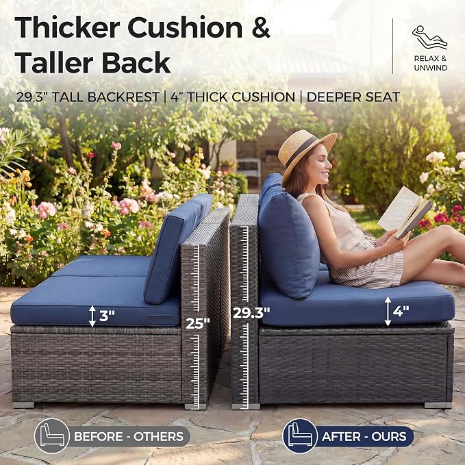 NICESOUL 13 Piece Outdoor Sectional w/Fire Pit Table, Luxury Modular Patio Furniture Set w/Chaise Lounge, Plus 29.3'' High-Back Seating Sofa, All-Weather Deck Couch for Poolside, Yard, Grey & Blue