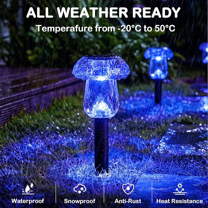 Solar Halloween Lights Outdoor 8 Pack Blue Garden Mushroom Decor | LED Waterproof Halloween Decorations Outdoor for Pathway Yard Outside Driveway Walkway Landscape Path Lighting, Auto On/Off