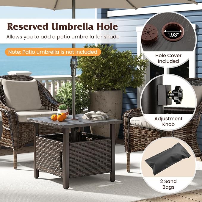 RELAX4LIFE Wicker Outdoor Side Table - Rattan Square Patio End Table with 1.93’’ Umbrella Hole, 2 Weighted Sand Bags & Rustproof Frame, Outside Umbrella Stand for Garden Deck Porch Poolside Backyard