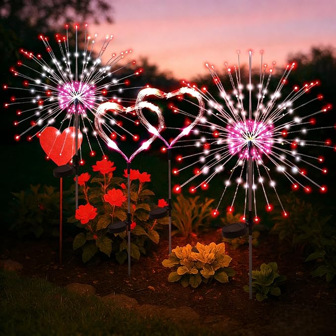 PEVOROS Solar Firework Fairy Garden Lights Outdoor, Red/White/Pink, 4 Pack | 120 LEDs, Waterproof, Fairy Garden Decor, Auto On/Off, Solar Powered, for Yard, Patio, Porch, Flower Pot, Pathway