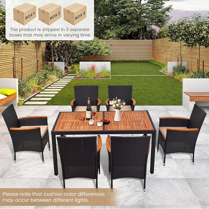 Tangkula 7 PCS Outdoor Dining Set, Patio Conversation Set with Acacia Wood Tabletop, Umbrella Hole, Removable Seat Cushions, Wicker Dining Table & Chair Set for Garden Yard Poolside