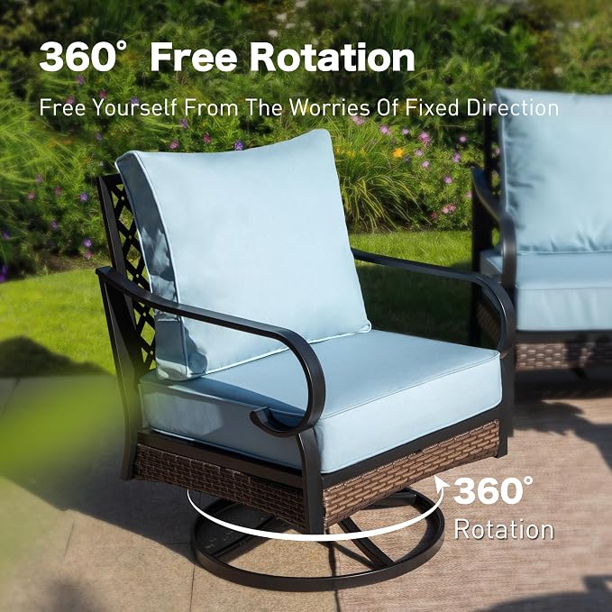 SUNSHINE VALLEY 5 Piece Metal Outdoor Patio Furniture Set, Patio Conversation Sets 1 3-Seater Sofa, 2-Seater Sofa, 2 Swivel Sofa with 5.75" Thick Cushion & Coffee Table Black Backyard Furniture, Blue