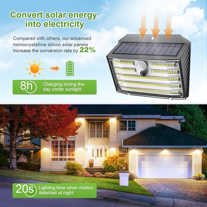 CLAONER Solar Lights Outdoor [𝟒 𝐏𝐚𝐜𝐤/126 LED], Wireless Motion Sensor Lights, IP65 Waterproof Security Lights 3 Modes, 270° Lighting Angle, Ultra-Bright Wall Lights for Deck Patio Fence Garage