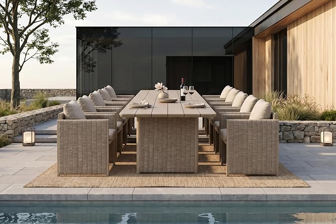 PURPLE LEAF Luxury 10-Person Outdoor Dining Set 157-Inch Aluminum Patio Table with Handwoven Olefin Rope Chairs, Cushioned Seating for Large Gatherings, Estate Patio and Poolside Entertaining Beige