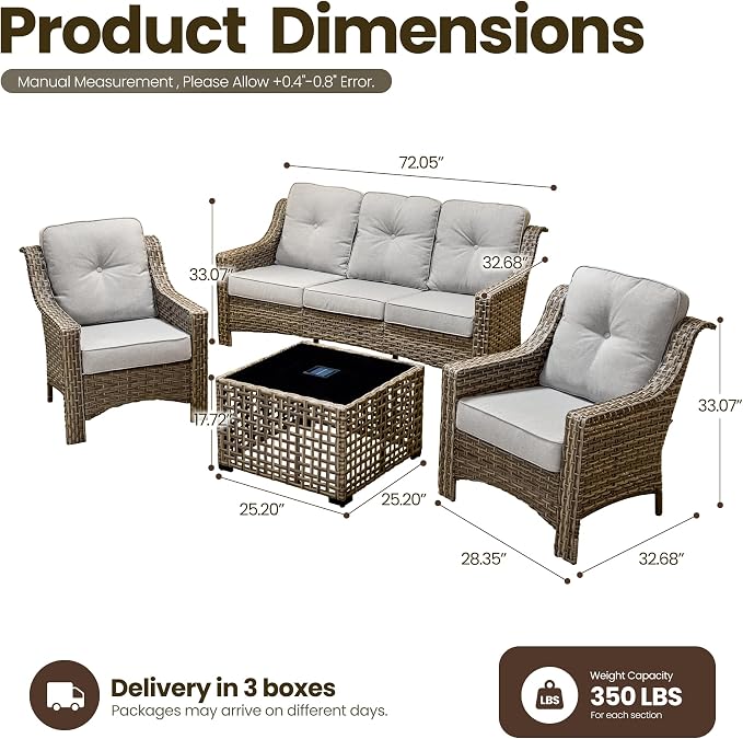 4 Piece Patio Furniture Set with Solar Light Coffee Table, Heavy Duty Wicker High Back Sofa Chairs with Thick Cushion, Small Outdoor Conversation Sets for Backyard Garden Porch, Grey