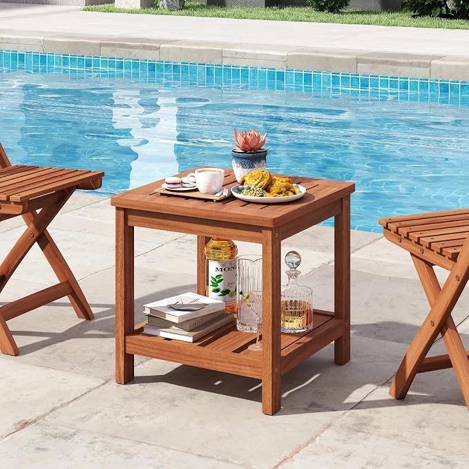 Tangkula Outdoor Side Table, 2-Tier Solid Wood Patio Table with Slatted Tabletop & Storage Shelf, Indoor Outdoor Square Small End Table for Patio, Garden, Yard, Porch, Living Room (1)