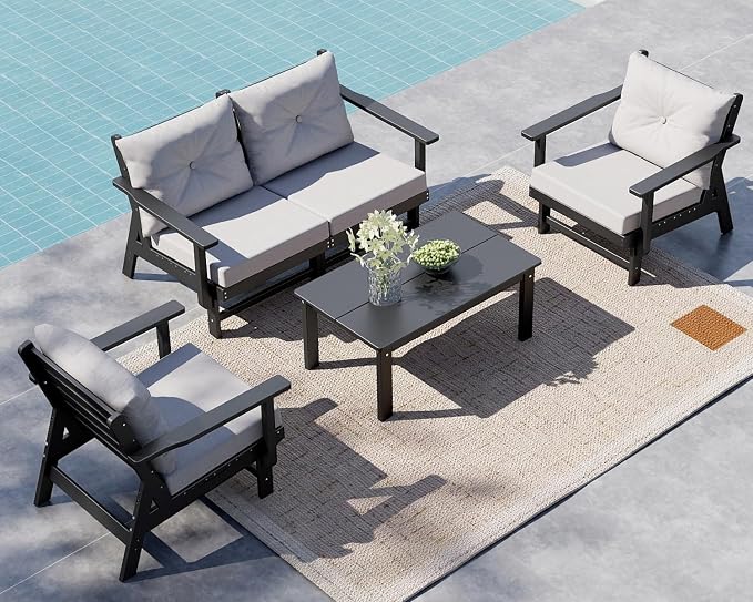 GREENVINES 5-Piece-Patio-Furniture-Set | HDPE Plastic | Outdoor Sectional Conversation Sets | All-Weather Couch | Sofa with Coffee Table | Detachable Armrests | for Deck Lawn | Black