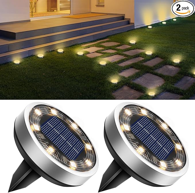 btfarm 2 Pack Solar Lights Outdoor, 8 LED Solar Ground Lights IP65 Waterproof Flat Solar Disc Light, Pathway Lights for Garden Lawn Patio Yard Path Landscape, Warm White