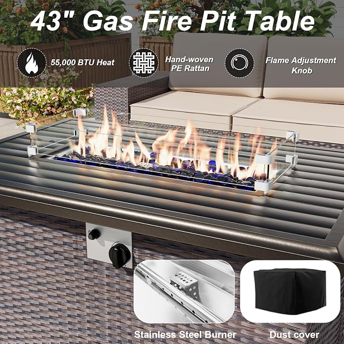 ALAULM Patio Furniture Set with 2 Swivel Chairs, Outdoor Sectional with 55000 BTU Fire Pit Table and Wide Seat, 11 Pieces Wicker Rattan Conversation Set with Coffee Table for Garden, Deck, Grey