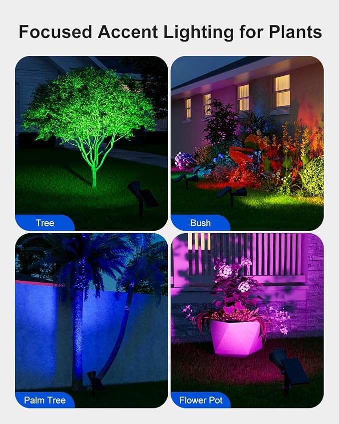 4 Pack Color Changing Solar Spotlights Outdoor Waterproof for Tree, Flower, Plant, Statue, Sign, Decorative wall, Rainbow Lanscape Decor Uplights for House Outside, Yard, Garden, Patio, Pathway, Fence